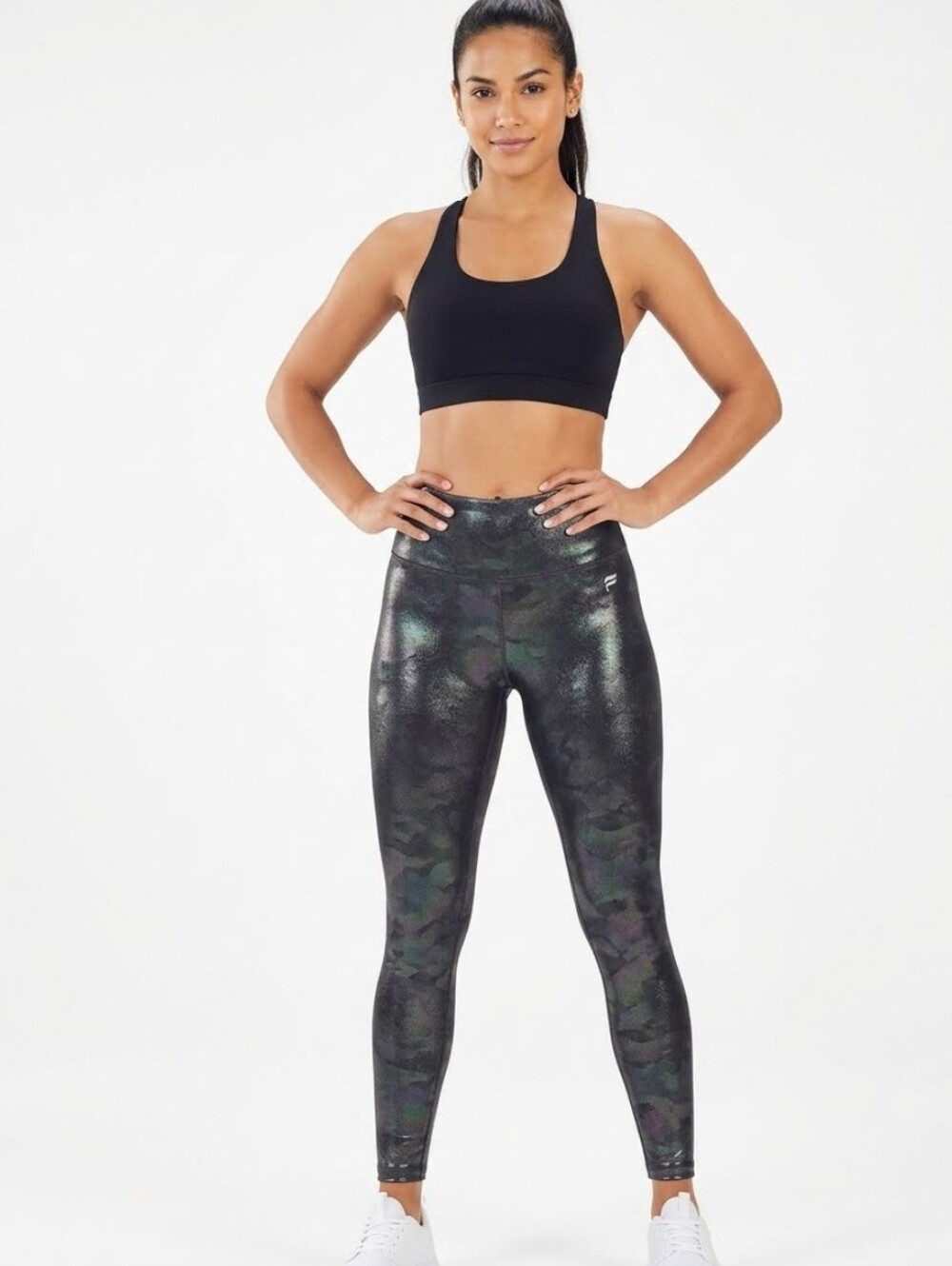 Fabletics Silver Shine Logo Camo PowerHold Leggings - S